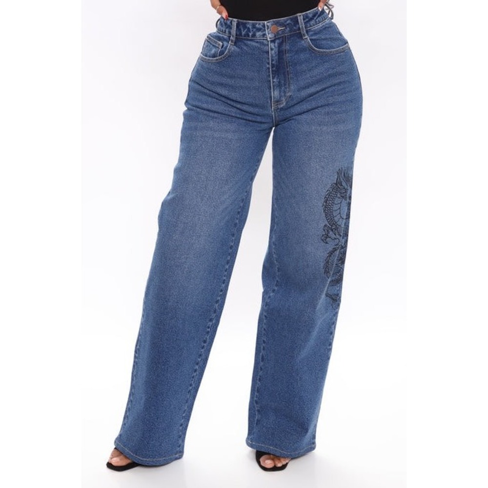 Fashion‎ Nova Dragon You Around Slouch Fit Jeans 11/32 Dark Wash Embroidered